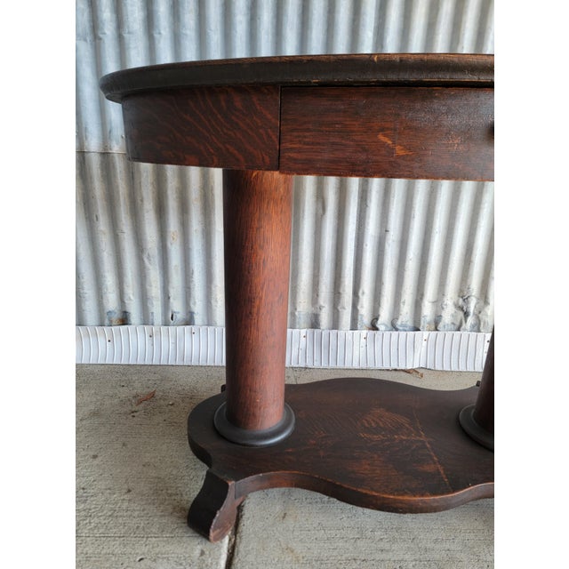 Antique Oval Library Table Tiger Oak With Column Base Circa. 1890 For Sale - Image 4 of 13
