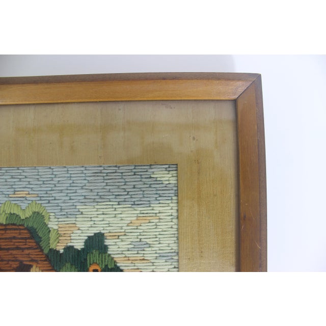 Wood Vintage Framed Crewel Embroidery Art Cottage and Flowers For Sale - Image 7 of 11