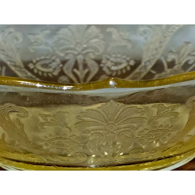 Yellow Vintage Lancaster Glass “Landrom” Topaz Etched Bowl With Handles – Depression Era For Sale - Image 8 of 10