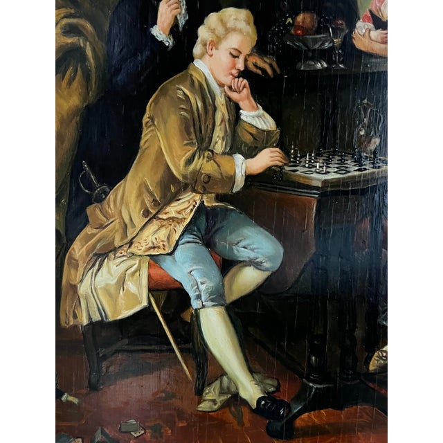Wood Late 20th Century Biedermiere Style Framed Reproduction Painting of “Game of Chess” by German Artist Carl Herpfer For Sale - Image 7 of 12