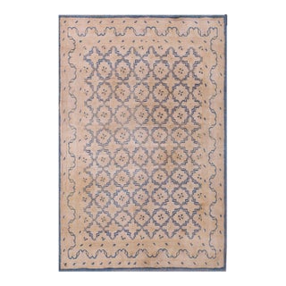 1920s Soft Yellow Geometric Antique Indian Agra Rug Hand Knotted 4' X 6'2" Cotton Carpet For Sale