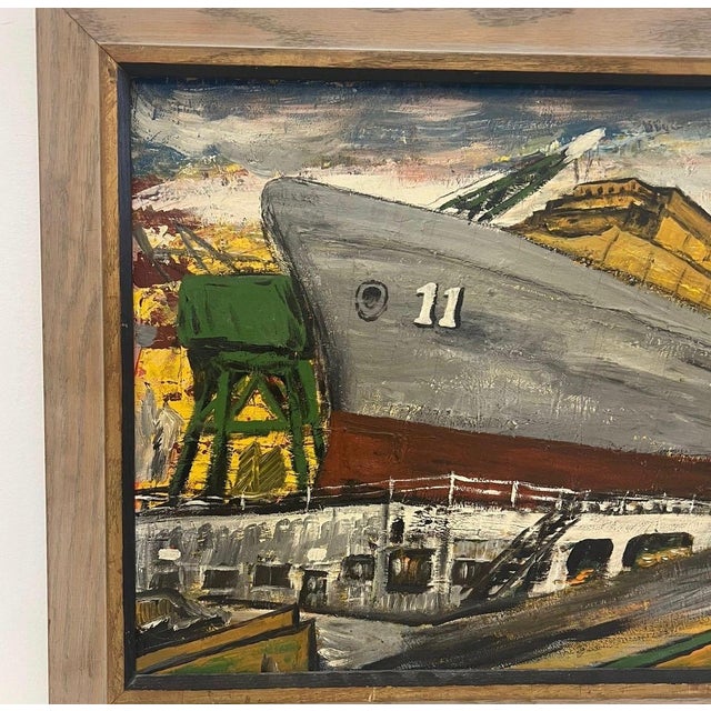Wood Vintage Mid-Century Industrial Shipyard Painting Signed Framed Harbor Maritime Scene. For Sale - Image 7 of 10