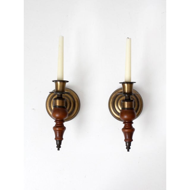 Farmhouse Vintage Colonial Revival Wood Candle Wall Sconces Pair For Sale - Image 3 of 12