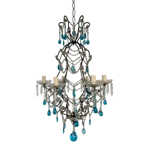 Aqua Blue Murano Drops Crystals Spear Chandelier French C 1920