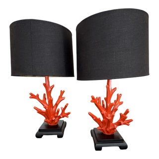 Vintage Mid-Century Modern Table Lamps Faux Coral Reef Black Gold Drum Shades Hermes Orange Pair For Sale