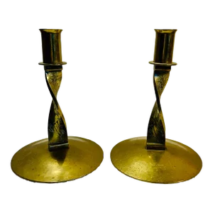 Pair of Vintage Modernist Brass Candlesticks Signed Brennan