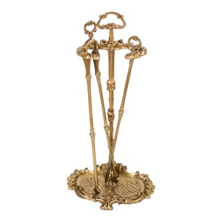 1960s Spanish Baroque Curated Brass Fireplace Tools Set With Stand - 3 Pieces For Sale