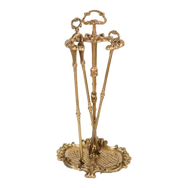 1960s Spanish Baroque Curated Brass Fireplace Tools Set With Stand - 3 Pieces For Sale
