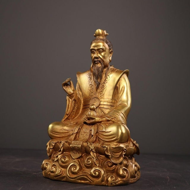 Asian Late 19th Century Gilt Bronze Tai Shang Lao Jun Statue, Taoist Deity Figure For Sale - Image 3 of 9