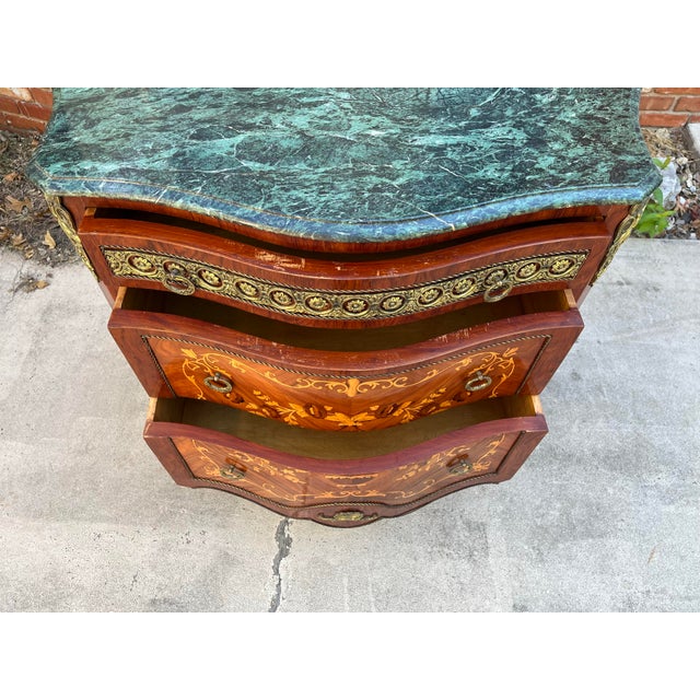 Louis XV Marquetry Cabinet Chest of Drawers With Brass Ormolu- Green Marble Top For Sale - Image 6 of 12
