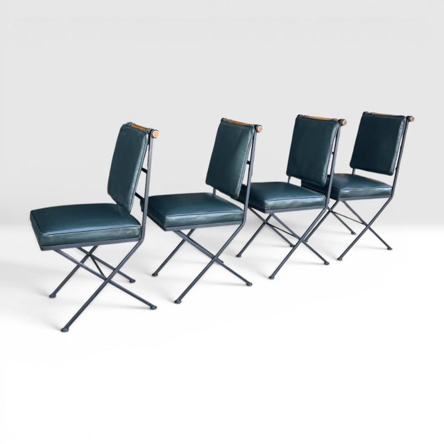 1970s Sculptural Iron X-Frame Dining Chairs in Dark Green Leather – Set of 4 For Sale - Image 5 of 15