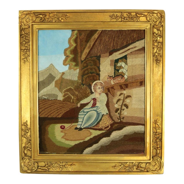 Early 19th Century Georgian Woolwork Picture of Child Playing With Cat For Sale