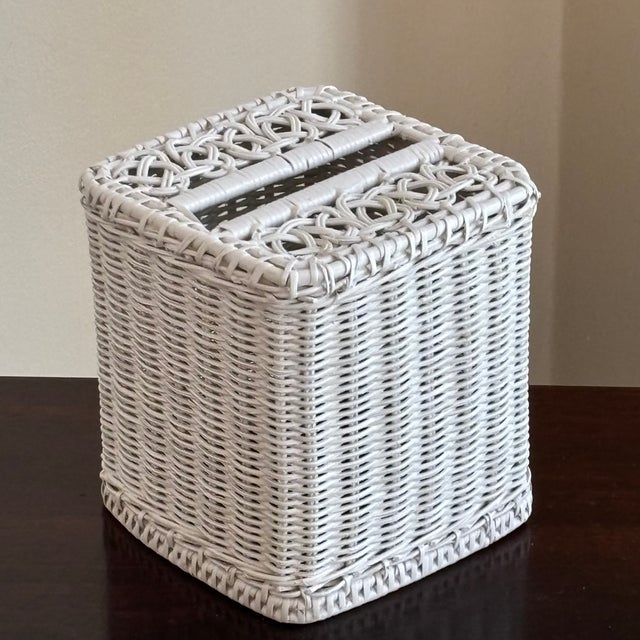 White Mid-20th Century White Wicker Tissue Box Cover For Sale - Image 8 of 15