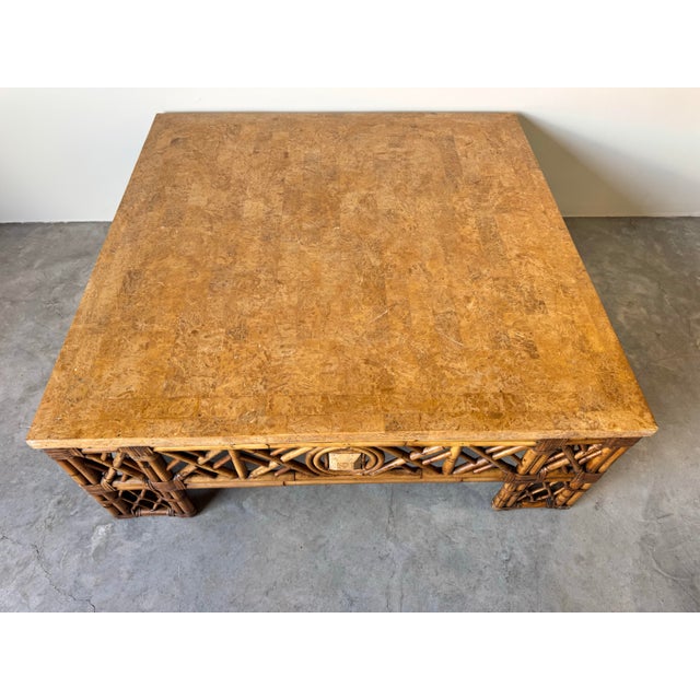 Vintage Monumental Chinoiserie Fretwork Bamboo & Leather Coffee Table With Tessella Top/Sold For Sale - Image 9 of 12