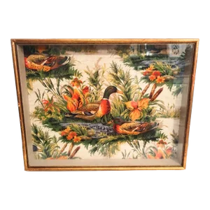 Custom Vintage One of a Kind Needlepoint Ducks in the Field Framed Gold Leaf Shadow Box Wall Art