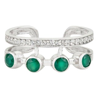 Geometric Green Onyx & Zircon Double Band Ring in 925 Silver, Size 7 For Sale