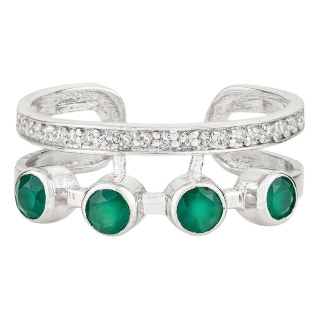 Geometric Green Onyx & Zircon Double Band Ring in 925 Silver, Size 7 For Sale