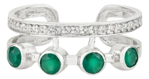 Geometric Green Onyx & Zircon Double Band Ring in 925 Silver, Size 7