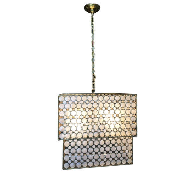 Mid Century style chandelier with double box mother-of-pearl brass design featuring a 2 brass frames with mother of pearl...