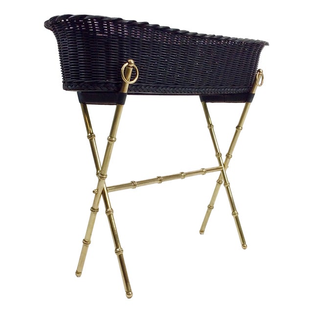 Brass & Wicker Jardiniere attributed to Jacques Adnet, France, 1960s For Sale