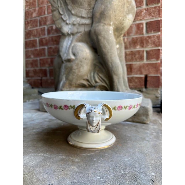 Antique Rosenthal Selb-Bavaria “Empire” Pedestal Bowl With Ram Mask Handles & Pink Rose Garland For Sale In Houston - Image 6 of 6