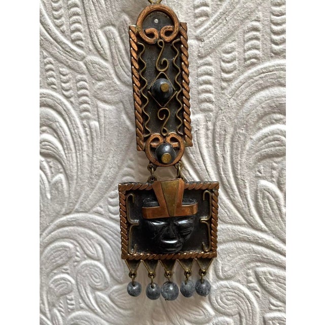 1950s Mid Century Vintage Hand Made Copper Brass Onyx Mayan Aztec Necklace For Sale - Image 6 of 9