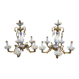 Pair of Italian Brass and Porcelain Chandeliers For Sale