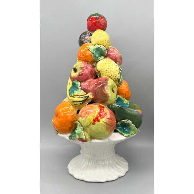 15" Vintage Italian Ceramic Fruit Topiary Centerpiece – Hand-Painted Majolica Style Compote – Tuscan / European Traditional - Lemon and Orange For Sale - Image 13 of 14