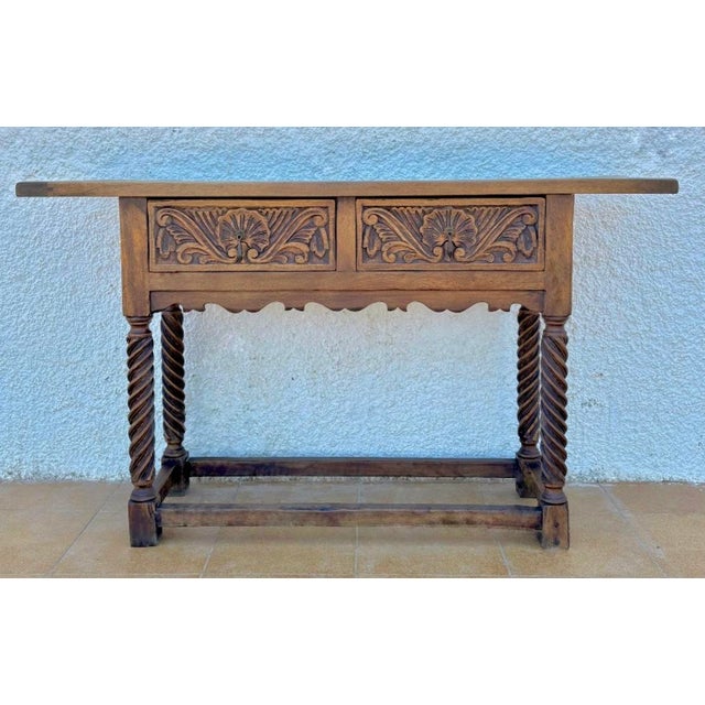 Spanish Castilian Console Table with Two Carved Drawers and Turned Legs, 1890s For Sale - Image 3 of 15