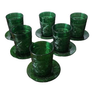 6 Mid Century Forest Green Glass Sandwich Pattern Juice Tumblers W/ Saucers ~ Anchor Hocking For Sale