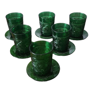 6 Mid Century Forest Green Glass Sandwich Pattern Juice Tumblers W/ Saucers ~ Anchor Hocking