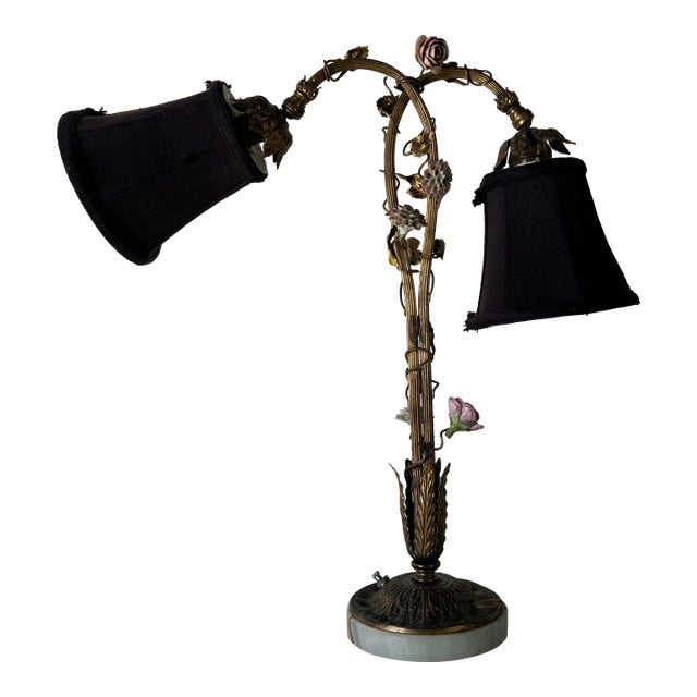 1960s Italian Hollywood Regency Gilt Tole and Porcelain Flowers Desk Lamp/ Sold For Sale