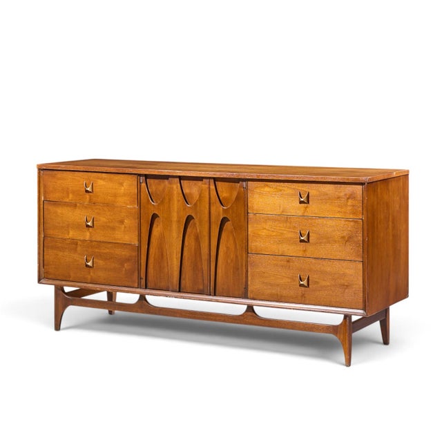 Mid-Century Modern Broyhill Brasilia Mid Century Walnut and Brass Lowboy Dresser For Sale - Image 3 of 10
