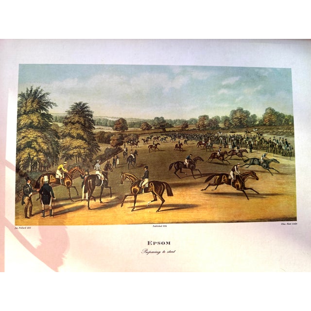 A handsome English decorative tray featuring Epsom: Preparing to Start, after James Pollard. The historic horse-racing...