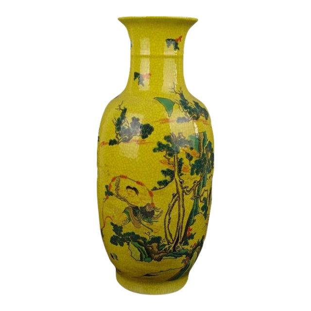 Chinese Ceramic Qing Dynasty Qianlong Marked Yellow Ground Crackle Glaze Porcelain Vase Hand Painted Figures Pattern For Sale