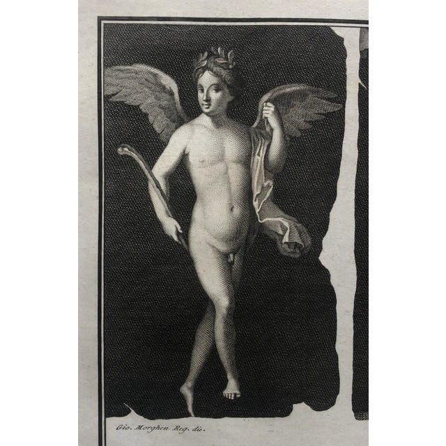 1762 engraving of a putto, goddess with a cup and a man with a snake wrapped staff.