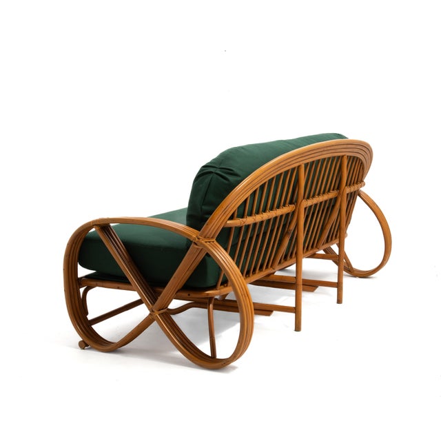 Mid-Century Modern Four Strand Pretzel Rattan Set Sofa Settee Coffee Table Two End Tables After Paul Frankl Five Piece Living Room Set For Sale - Image 3 of 18