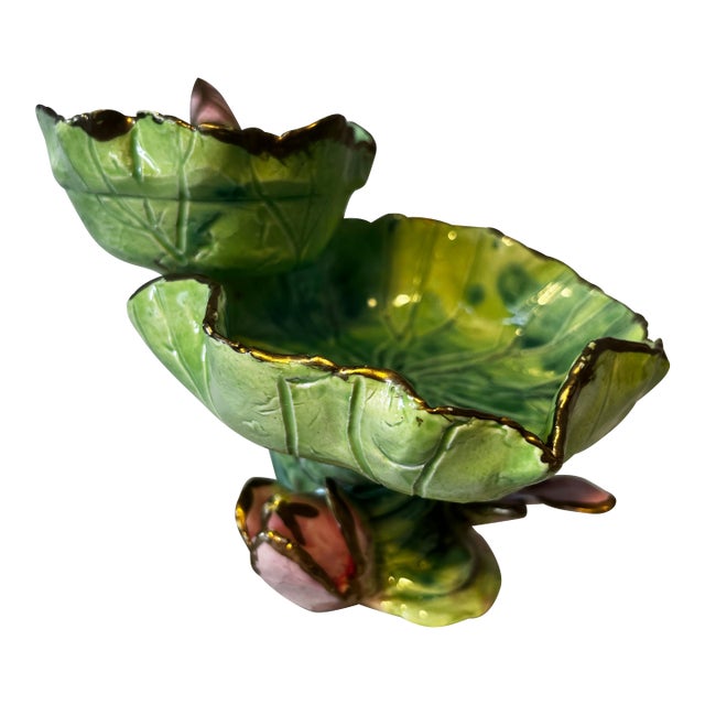 1990s Majolica Leaf & Tulip Candy Dish For Sale