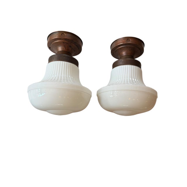 Mid 20th Century Pair of Mid Century Milk Glass Flushmount Ceiling Lights For Sale - Image 4 of 7