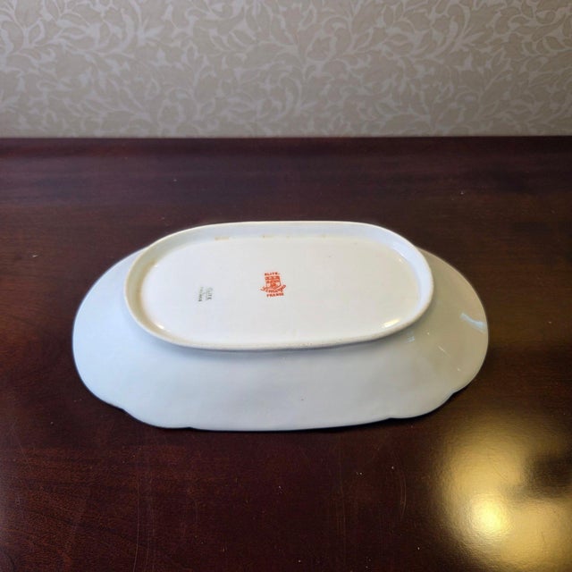 Ceramic Antique Elite Works Limoges 8.5" Relish Dish - Gilded Scrolls & Celadon Dot Border For Sale - Image 7 of 14