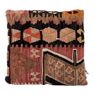 Vintage Turkish Kilim Pillow | Handwoven Wool Decorative Cushion | 14 in X 14.5 In For Sale