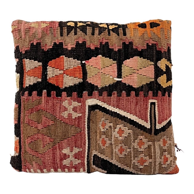 Vintage Turkish Kilim Pillow | Handwoven Wool Decorative Cushion | 14 in X 14.5 In For Sale