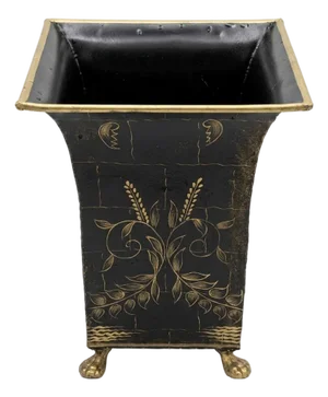 1980s Hand‑Painted Black & Gold Chinoiserie Metal Cachepot / Wastebasket With Brass Paw Feet - Palm Beach Chic, Grandmillennial & Traditional .