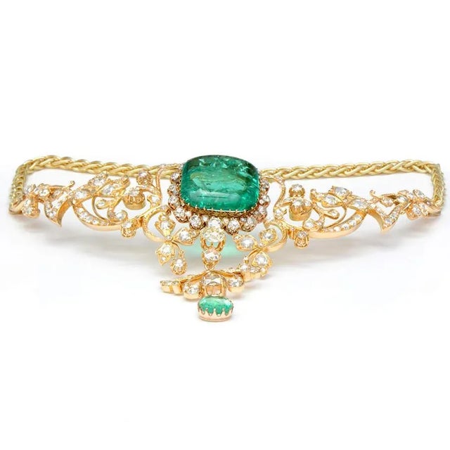 Metal Gia Certified Belle Époque 14k & 22k Gold Necklace With 45.8ct Colombian Emeralds & 15.9ct Diamonds, Circa 1900 For Sale - Image 7 of 16