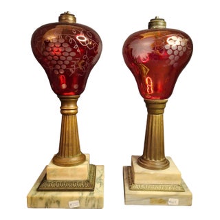 Antique Matched Pair Victorian Cranberry Cut Clear Whale Oil Lamps Glass 1850s For Sale