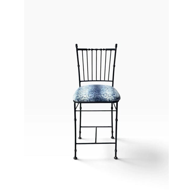 Faux Bamboo Wrought Iron Counter Stool | Spindle Back & Blue Damask Seat | Sold Individually, 5 Available For Sale - Image 12 of 12