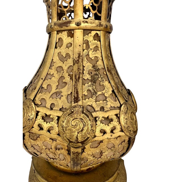 Pair, Meiji Period Japanese Gilt Bronze & Parchment Pierced Lanterns Hang or Table For Sale - Image 12 of 12