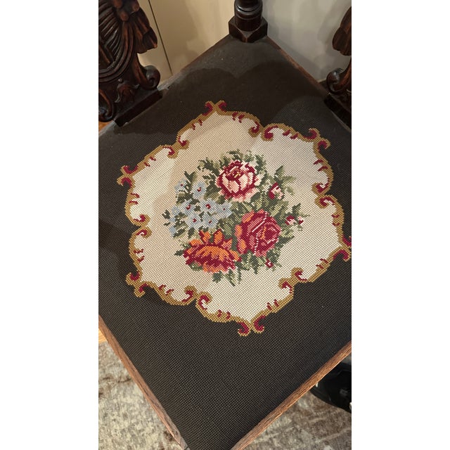 19th Century Antique Angel Carved 3-Corner Oak Chair With Needlepoint (Pair) For Sale - Image 5 of 7