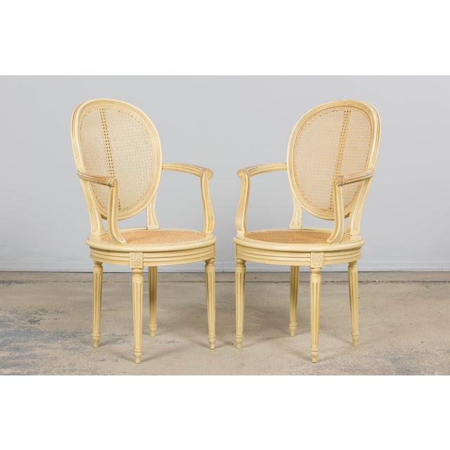 Wood French Louis XVI Style Painted Cane Armchairs - Set of 6 For Sale - Image 7 of 18