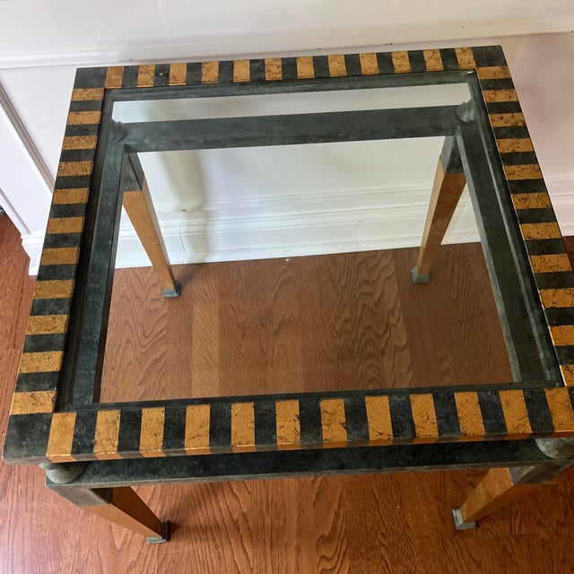 Vintage Modern Glass Top Accent Table with Black & Gold Striped Inlay – Attributed to Brunschwig & Fils A striking vintage...